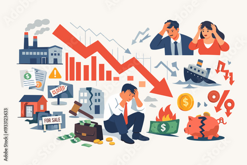Financial crisis and economic recession concept with stock market crash, business bankruptcy, and investment loss. People in despair with falling red arrow, broken piggy bank, and burning money.