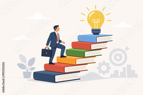 Businessman climbing a ladder of books to reach a glowing light bulb, representing self-development, career growth, knowledge as a path to success, professional training, and innovative ideas.