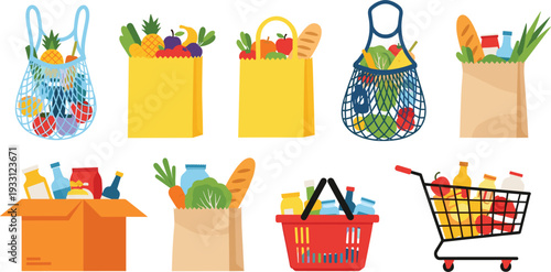 Grocery Shopping Vector Set Featuring Eco-Friendly Mesh Bags, Paper Bags, Cardboard Box, Plastic Basket, and Supermarket Trolley Full of Fresh Food