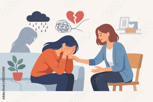 Psychotherapy and mental health support concept with a woman comforting her crying friend. Symbols of depression, anxiety, and heartbreak. Professional counseling and emotional assistance.