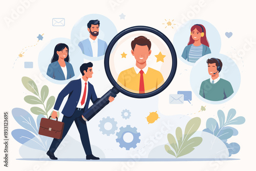 Recruitment and Human Resources Concept with Businessman Holding Large Magnifying Glass to Find Best Candidate for Job Vacancy, Talent Acquisition, Headhunting, and Employee Hiring Process.