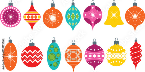 Colorful Christmas ornament collection with festive baubles and holiday decoration elements