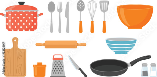 Kitchen Utensils and Cookware Vector Set Featuring Polka Dot Pot, Frying Pan, Bowls, and Cooking Tools for Culinary and Recipe Design