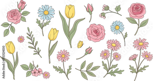 Hand Drawn Spring Flower Vector Set Featuring Pink Roses, Yellow Tulips, Daisies, and Floral Buds in Pastel Colors for Wedding and Greeting Designs