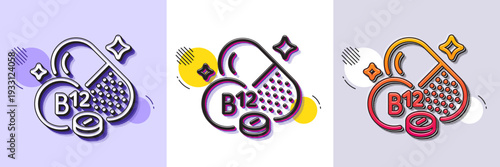 Vitamin B12 line icon. Halftone dotted pattern. Gradient icon with grain shadow. Cobalamin food nutrient sign. Capsule or pill supplement symbol. Line cobalamin vitamin icon. Various designs. Vector