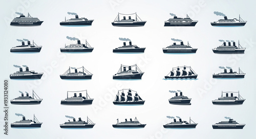 Collection of various ship silhouettes, showcasing diverse vessel designs and maritime transportation.