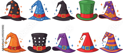 Magic Wizard and Witch Hat Vector Set Featuring Colorful Pointed Hats with Stars, Sparkles, and Buckles for Halloween and Fantasy Design