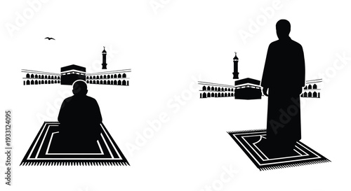 Pilgrims praying towards the kaaba in a minimalist black and white style
