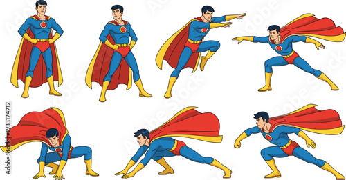 Male Superhero Character Vector Set Featuring Various Action Poses like Flying, Standing, and Landing for Comic Book and Justice Concepts