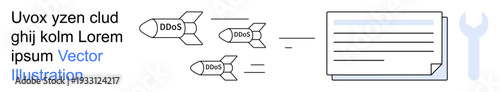 Cybersecurity, network protection, data safety, online threats, internet security, system defense. DDoS attacks as missiles targeting a digital document. Cybersecurity and network protection