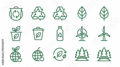 Set of green eco-friendly icons: recycling, nature, sustainability, renewable energy, and conservation
