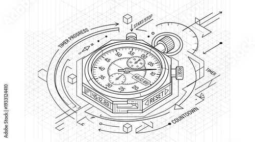 Isometric Stopwatch Blueprint Diagram with Time Progress and Countdown Elements, Illustrating Precision Measurement and Workflow Management