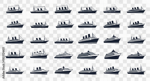 Collection of various ship silhouettes, showcasing different vessel designs and styles for maritime themes.