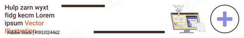Document tracking, workflow automation, online medical services, healthcare technology, information management, digital collaboration. A computer showing documents and a plus sign icon. Workflow