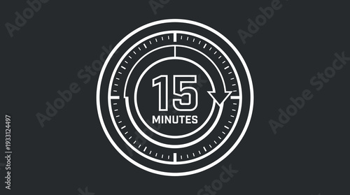 Simple white 15 minutes timer icon, perfect for indicating short deadlines, quick breaks, or efficient task completion on a dark backdrop.