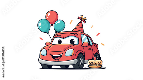 Red cartoon car celebrating with party hat and balloons.