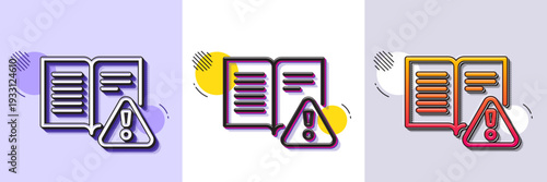 Instruction manual line icon. Halftone dotted pattern. Gradient icon with grain shadow. Warning book sign. Caution alert symbol. Line instruction manual icon. Various designs. Vector