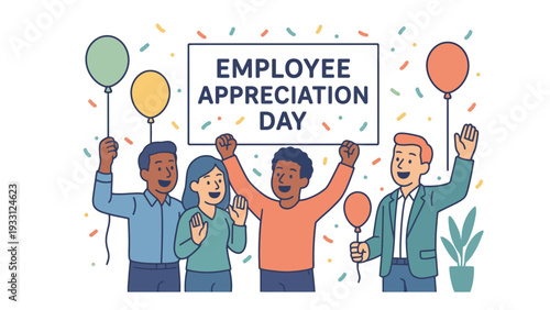 Employee appreciation day illustration with happy coworkers and balloons