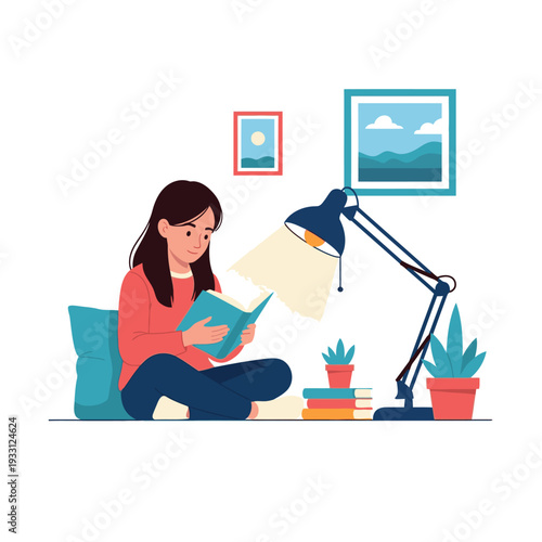 Woman reading a book in a cozy home setting with plants and books.