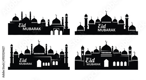 Black and white silhouettes of islamic architecture for eid mubarak celebrations
