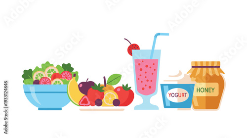Healthy food and drink options with yogurt and honey.