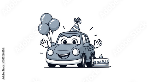 Cartoon car celebrating a birthday with balloons and party hat.