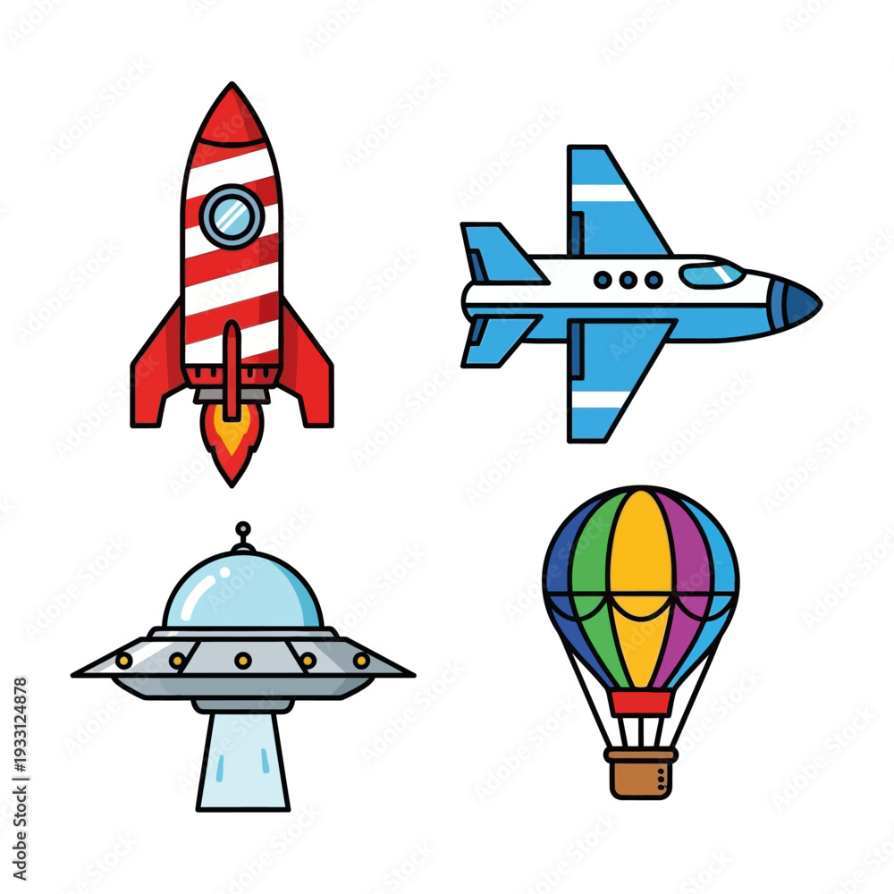 Obraz premium Set of flying vehicles: rocket, airplane, UFO, hot air balloon