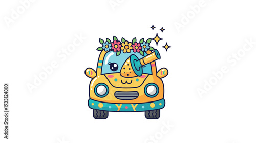 A cartoon yellow car with flowers and a smiling face driving happily.