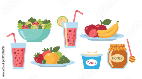 Assorted healthy food and drink items including fruits, salad, yogurt, and honey.