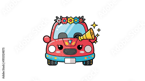 Cartoon red car with festive decorations and megaphone.