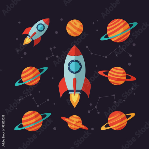 Space Exploration Rocket Flying Among Planets and Stars