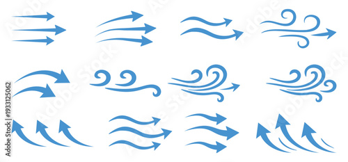 Airflow and Wind Direction Arrows Set – Blue Curved Motion Lines for Ventilation, Climate Control and Air Circulation Concept. Air direction signs. Air conditioning arrows.