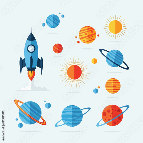 Blue Rocket Launching Towards Colorful Planets and Suns in Space Illustration