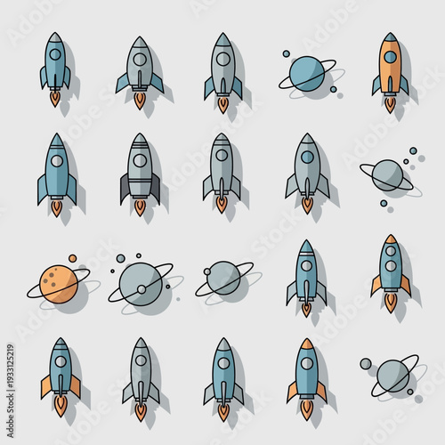 Collection of Flat Rockets and Planets Icons, Space Exploration and Travel Concept