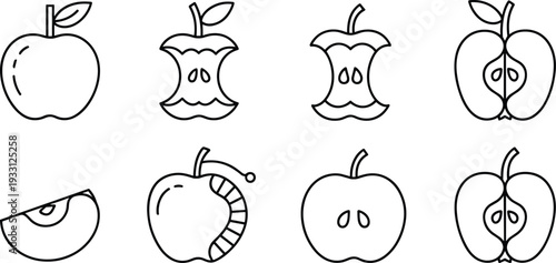 Apple fruit line icon set, whole sliced and bitten apple outline vector illustration collection for healthy food design