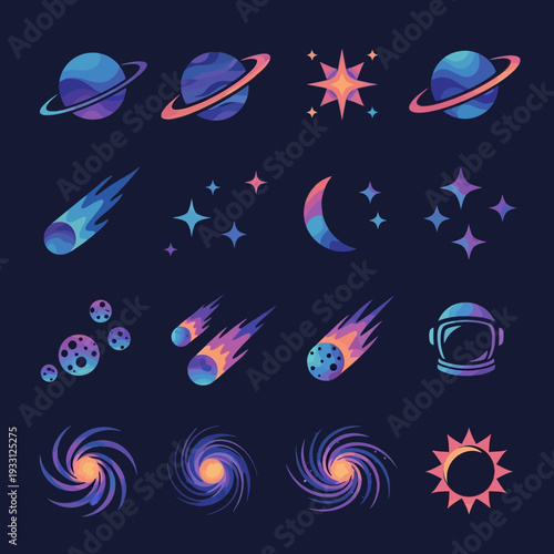 Cosmic Galaxy Icons: Planets, Stars, Comets, Astronaut Helmet, Sun, Galaxies