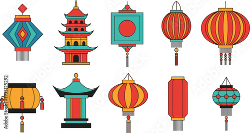 Traditional Chinese Lantern and Pagoda Vector Set Featuring Colorful Paper Lanterns and Asian Architecture for Lunar New Year and Mid-Autumn Festival