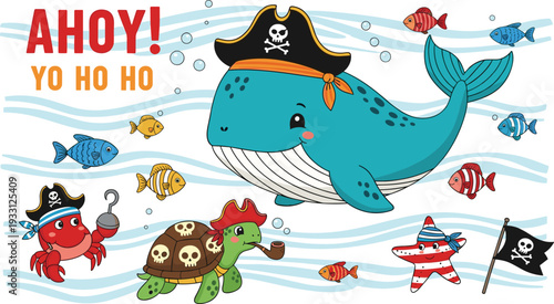 Cute pirate sea animals illustration with whale turtle crab fish and ocean adventure theme