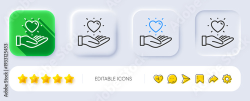 Hold heart line icon. Neumorphic, Flat shadow, 3d buttons. Friends love sign. Brand ambassador hand symbol. Line hold heart icon. Social media icons. Vector