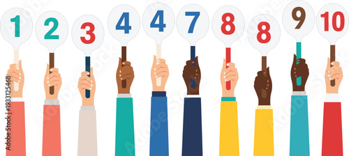 Set of Hands Holding Score Cards with Numbers from 1 to 10 for Judging Competitions, Feedback Surveys, and Performance Evaluation
