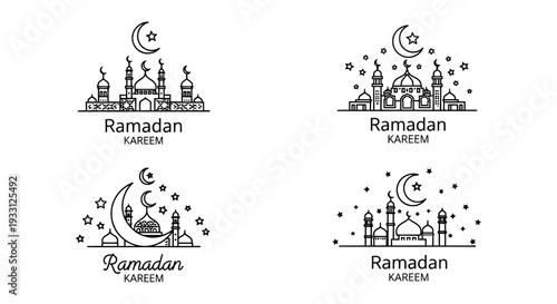 Ramadan kareem illustrations with crescent moons stars and mosque outlines