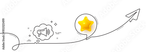 Megaphone line icon. Continuous line with share plane. Advertisement device symbol. Brand ambassador speech bubble sign. 3d star in speech bubble. Megaphone single line ribbon. Vector