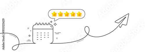 Calendar line icon. Continuous line with share plane. Date reminder sign. Year planner symbol. Five star rate review in speech bubble. Calendar single line ribbon. Loop curve pattern. Vector
