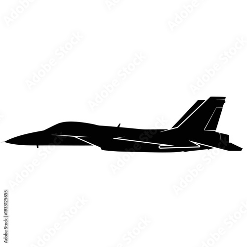 Silhouette of a modern fighter jet in flight against a white background