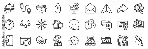 Delivery time, Security lock and Timer line icons pack. Share, Message, Paper plane icons. Charging cable, Full rotation, Certificate web icon. Vector