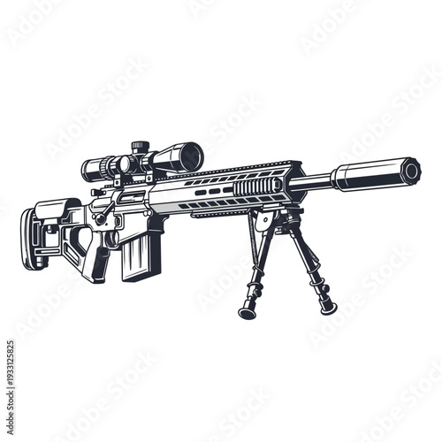 Modern Sniper Rifle with Scope and Bipod, Tactical Weapon Illustration