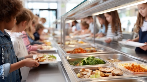 Wallpaper Mural A group of enthusiastic students joyfully holding trays of colorful food in a modern school cafeteria Torontodigital.ca
