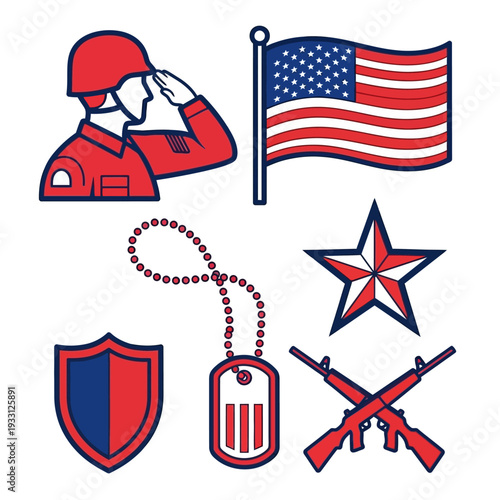 Patriotic Military Symbols: Soldier Saluting, US Flag, Star, Shield, Dog Tag, Rifles