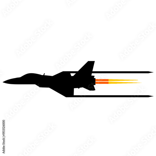 Silhouette of a fighter jet flying at high speed with fiery exhaust trails