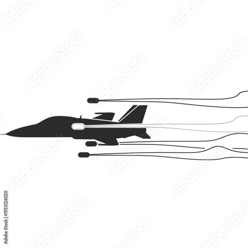 Silhouette of a fighter jet launching missiles with smoke trails against a white background
